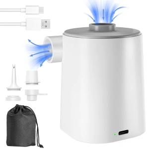 Pompă de Aer Electrică Portabilă 2 în 1, Mini Inflator și Deflator USB Reîncărcabil, Acumulator 2500mAh, Include 5 Duze și Săculeț, Alb