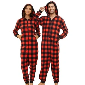 Salopetă-pijama damă cu glugă – model Buffalo, carouri roșu/negru,Marimea M