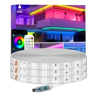 Bandă LED RGB+IC Inteligentă pentru Exterior, IP68 Impermeabilă, Control prin Aplicație & Telecomandă, Sincronizare Muzică, Alimentare USB 5V/15m