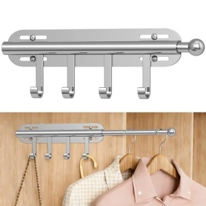 Bară Extensibilă pentru Dulap (32-54 cm) cu 4 Cârlige Reglabile, Crom Inoxidabil