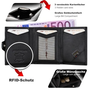 Portofel Inteligent Slim Marc Peter din piele naturală, protecție RFID, compartiment mare pentru monede și 8 fante de carduri, Negru - Img 3