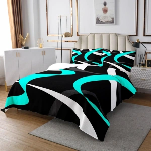Set Cearșaf și Husă Pilotă 240x260, Imprimeu Geometric cu Dungi, pentru Copii și Tineret, Teal, Gri și Alb, 3 Piese - Img 3