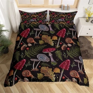 Set Husă de Pilotă Single (135x200 cm), Microfibră, Imprimeu Vibrant Botanical & Ciuperci