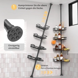 Etajera de colț telescopică pentru baie, 4 polițe reglabile și suport săpun, înălțime extensibilă 110-305 cm, montare fără găurire, Negru Mat - Img 3