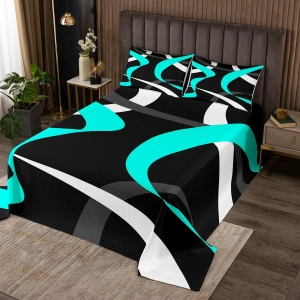 Set Cearșaf și Husă Pilotă 240x260, Imprimeu Geometric cu Dungi, pentru Copii și Tineret, Teal, Gri și Alb, 3 Piese