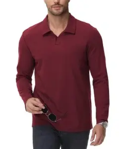 Tricou bărbați mânecă lungă decolteu în V bumbac casual – Roșu XL