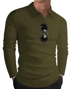 Tricou bărbați mânecă lungă decolteu în V bumbac casual – Verde army XL - Img 2