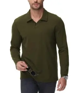 Tricou bărbați mânecă lungă decolteu în V bumbac casual – Verde army XL