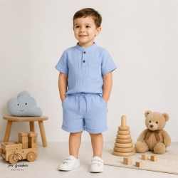 Compleu din Muselină pentru Copii, 100% Bumbac, Culoare Blue