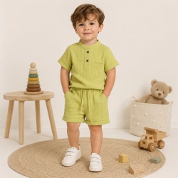 Compleu din Muselină pentru Copii, 100% Bumbac, Culoare Verde Praz