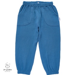 Pantaloni din muselina culoare albastru,cu buzunare frontale aplicate