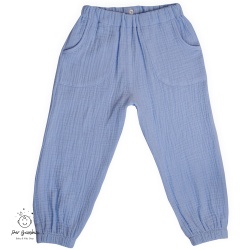 Pantaloni din muselina culoare blue,cu buzunare frontale aplicate