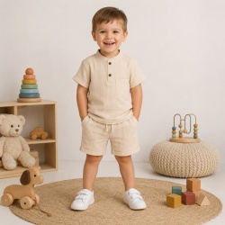 Compleu din Muselină pentru Copii, 100% Bumbac, Culoare Beige