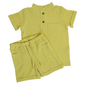 Compleu din Muselină pentru Copii, 100% Bumbac, Culoare Verde Praz - Img 2