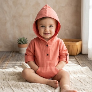 Bluza hoodie din in cu gluga pentru copii,Culoare Somon