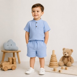 Compleu din Muselină pentru Copii, 100% Bumbac, Culoare Blue