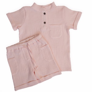 Compleu din Muselină pentru Copii, 100% Bumbac, Culoare Pink - Img 2