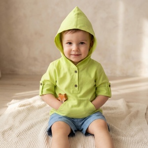 Bluza hoodie din in cu gluga pentru copii,Culoare Verde Prazuliu