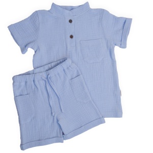 Compleu din Muselină pentru Copii, 100% Bumbac, Culoare Blue - Img 2