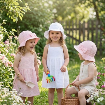 Copii care poarta palarii din muselina de culoare alb si roz