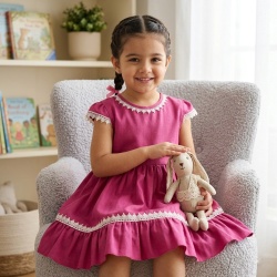 Rochie din In Premium pentru Copii ,cu Dantele Eleganta,Culoare Fucsia