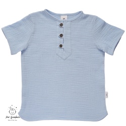 Bluza de muselina culoare blue cu maneca scurta si fenta cu 3 nasturi din lemn.