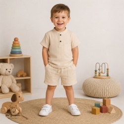 Compleu din Muselină pentru Copii, 100% Bumbac, Culoare Beige
