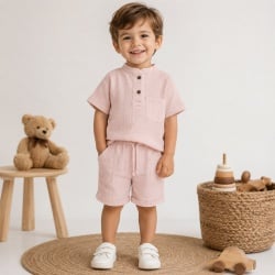 Compleu din Muselină pentru Copii, 100% Bumbac, Culoare Pink