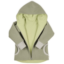 Detaliu Jacheta copii din lana fiarta culoare dusty green.