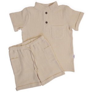 Compleu din Muselină pentru Copii, 100% Bumbac, Culoare Beige - Img 2