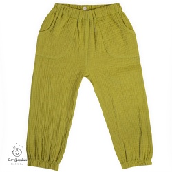 Pantaloni din muselina culoare verde praz,cu buzunare frontale aplicate