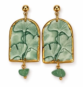 Cercei pendul Ginko verde – contur complet din aur, aventurin