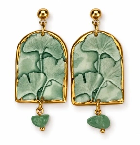 Cercei pendul Ginko verde – contur complet din aur, aventurin