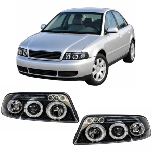 Set faruri Audi A4 B5 ANGEL EYES (1999 - 2000) look negru cu lupa