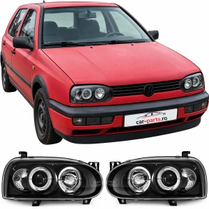 Set faruri VW Golf 3 Angel Eyes look negru cu lupa - Img 1