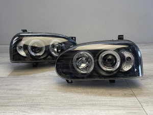 Faruri VW Golf 3 Angel Eyes look negru cu lupa - Img 2
