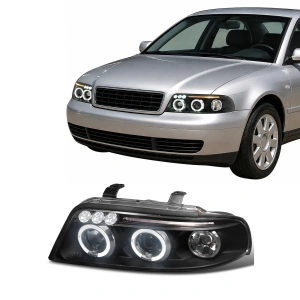 Set faruri Audi A4 B5 ANGEL EYES (1999 - 2000) look negru cu lupa - Img 2