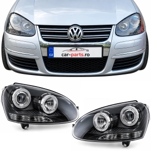 Set faruri VW Golf 5, Jetta Angel Eyes look negru cu lupa