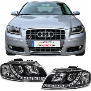 Set faruri Audi A3 8P (2003 - 2008) DAYLIGHT look negru cu lupa