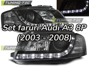 Faruri Audi A3 8P (2003 - 2008) DAYLIGHT look negru cu lupa