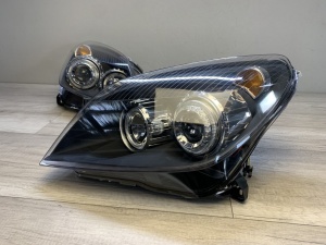 Faruri Opel Astra H GTC Twintop Angel Eyes look negru cu lupa - Img 2