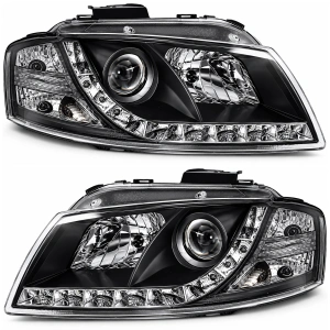Set faruri Audi A3 8P (2003 - 2008) DAYLIGHT look negru cu lupa - Img 2