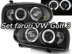 Faruri VW Golf 3 Angel Eyes look negru cu lupa