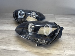 Faruri VW Golf 5 Jetta Angel Eyes look negru cu lupa - Img 4
