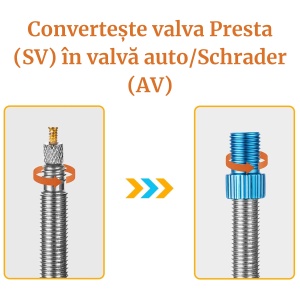 Adaptor valvă Presta (SV) în valvă Auto/Schrader (AV) pentru biciclete, HZJD, Portocaliu - Img 2
