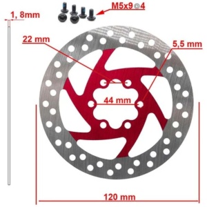 Disc frână 120 mm cu 6 prinderi pentru trotinete electrice Zero 8X, Joyor X1/X5S/Y5S/Y6S + 6 șuruburi, eWheel, Roșu - Img 2