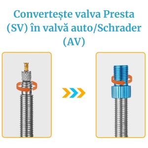 Adaptor valvă Presta (SV) în valvă Auto/Schrader (AV) pentru biciclete, HZJD, Albastru deschis - Img 2