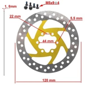 Disc frână 120 mm cu 6 prinderi pentru trotinete electrice Zero 8X, Joyor X1/X5S/Y5S/Y6S + 6 șuruburi, eWheel, Galben - Img 2