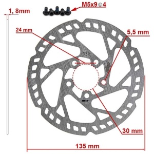 Disc frână 135 mm cu 5 prinderi pentru trotinete electrice + 5 șuruburi, eWheel, Argintiu - Img 2