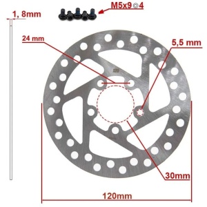 Disc frână 120 mm cu 5 prinderi pentru trotinete electrice Xiaomi Mi Pro, Xiaomi Mi Pro 2, Joyor GS5, Joyor GS9 + 5 șuruburi, eWheel, Argintiu - Img 2